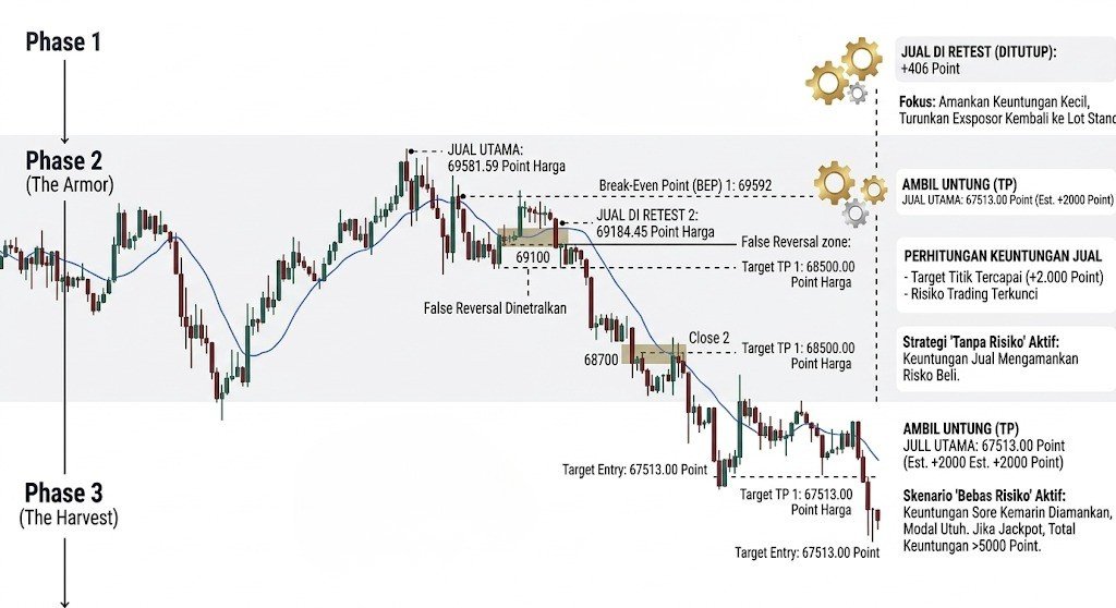 Chart BTCUSD: Phase 1-3, jual utama, retest, dan target entry