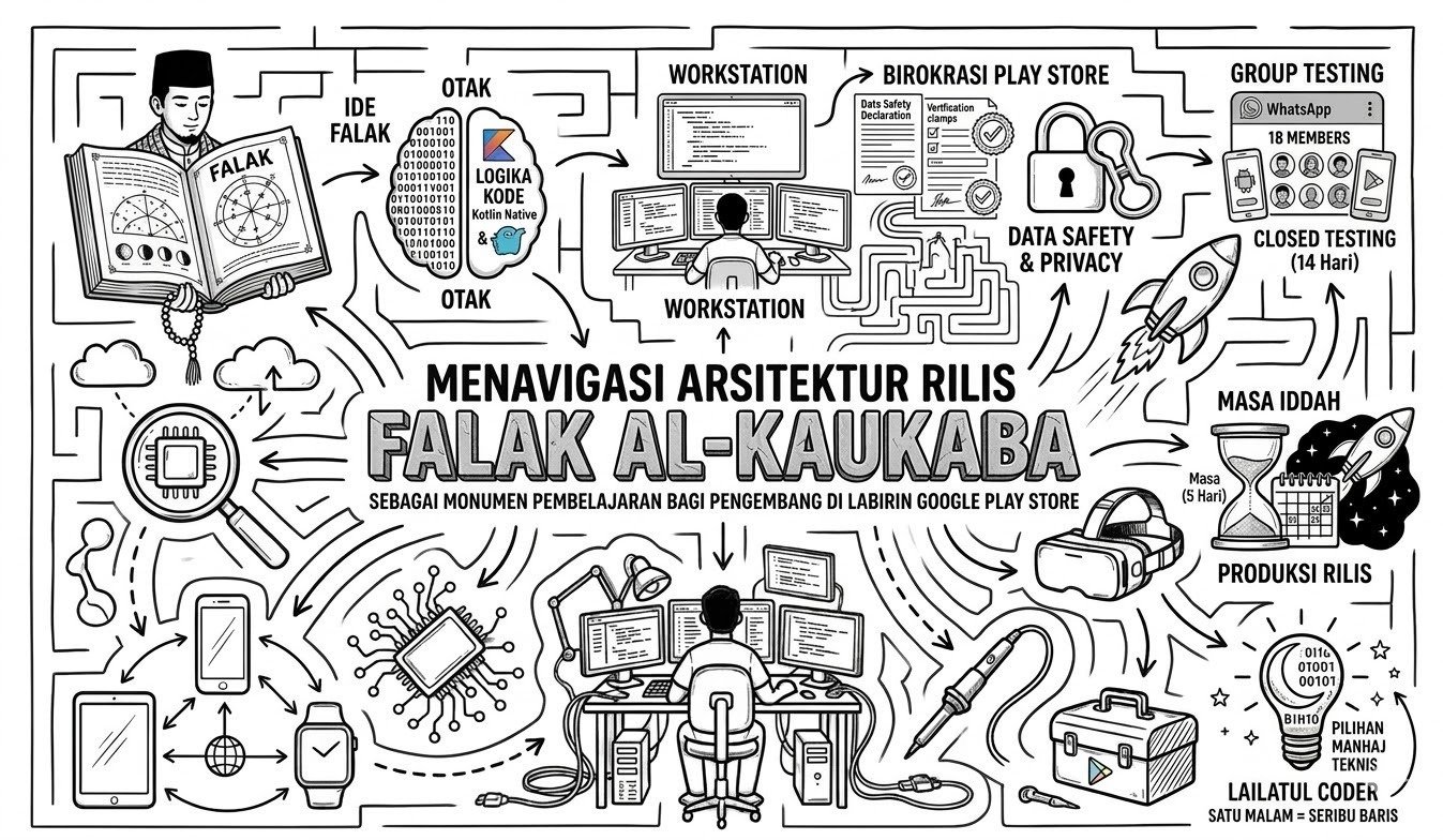 Ilustrasi arsitektur rilis Falak Al-Kaukaba: workstation, birokrasi Play Store, group testing