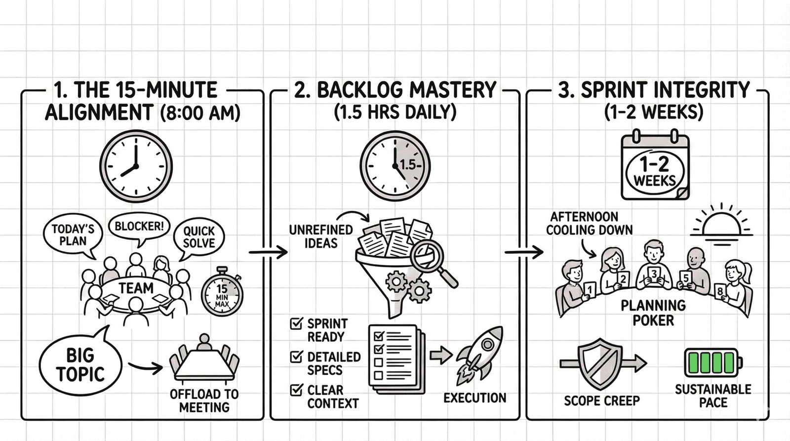 Ilustrasi ritme agile harian: alignment, backlog, sprint integrity