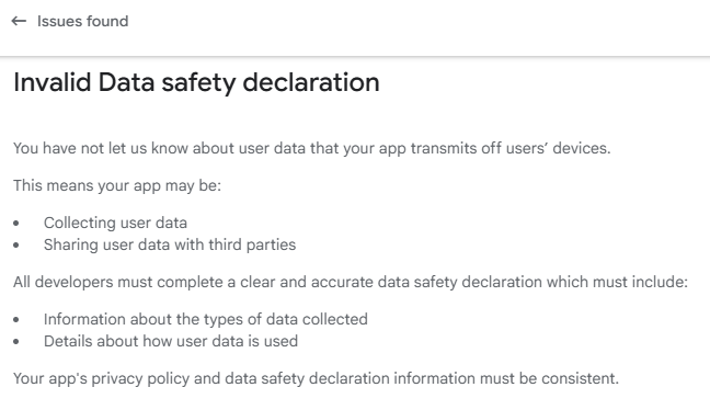 Detail issue Invalid Data safety declaration di Google Play Console