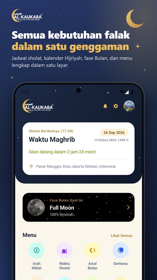 Beranda Al-Kaukaba: waktu sholat berikutnya dan fase Bulan