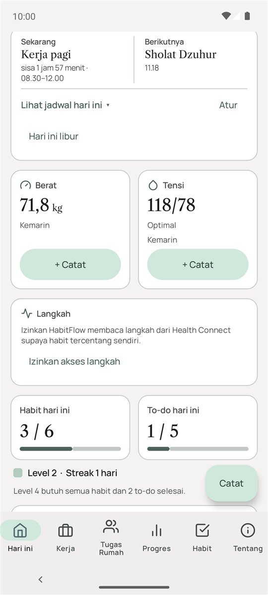 Layar Hari ini di Habitflow Android: jadwal Sekarang dan Berikutnya, berat, tensi, dan progres habit