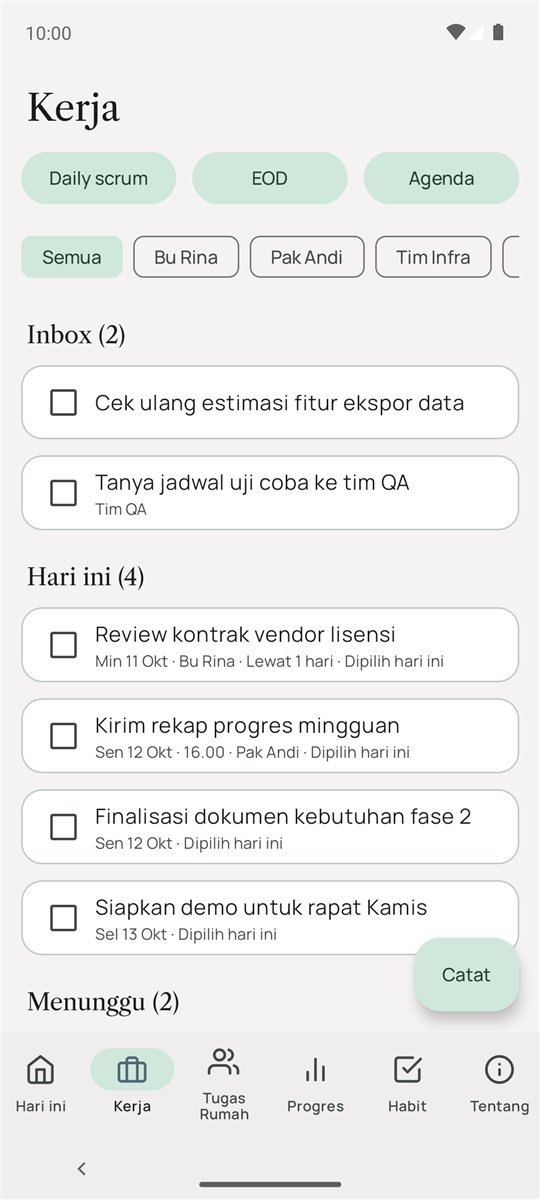Layar Kerja di Habitflow Android: daftar follow-up per status