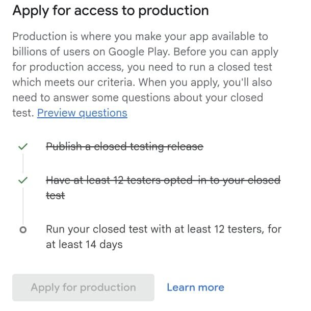 Google Play Console: Apply for access to production, checklist closed testing 12 tester selama 14 hari